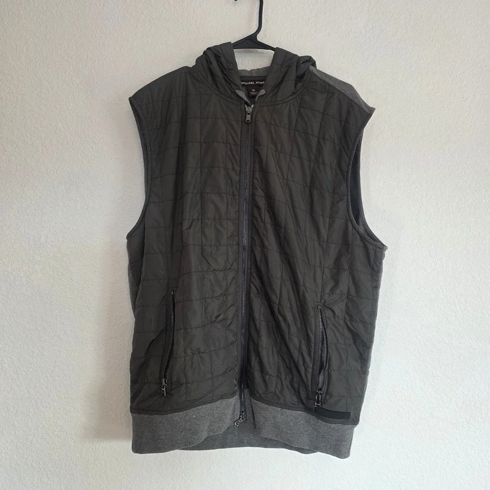 Michael Kors Mens‎ Quilted Vest Full Zip Hooded Olive Green Size XL